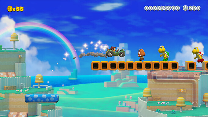 Video of Mario hopping into a Koopa Troopa Car and taking it for a joy ride.