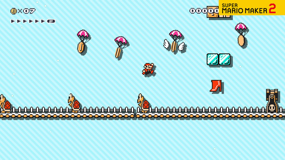 A video of Mario sliping across snowy platforms in a Super Mario Bros. 3 style course.