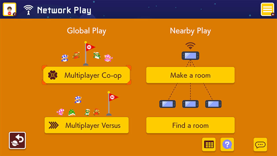 Online play menu screen is shown, with  Multiplayer Co-op, Multiplayer Versus, Make a Room, and Find a Room options.